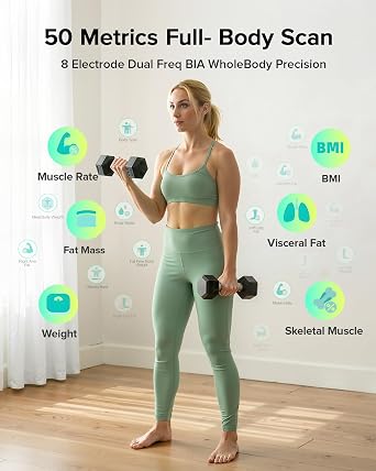 RunStar Scale for Body Weight and Fat Percentage, 8-Electrode Full Body Composition Monitor 28 Body Metrics Sync App, BMI, Muscle Mass-High Accuracy Digital Bathroom Scale with 3-Metric Display Black