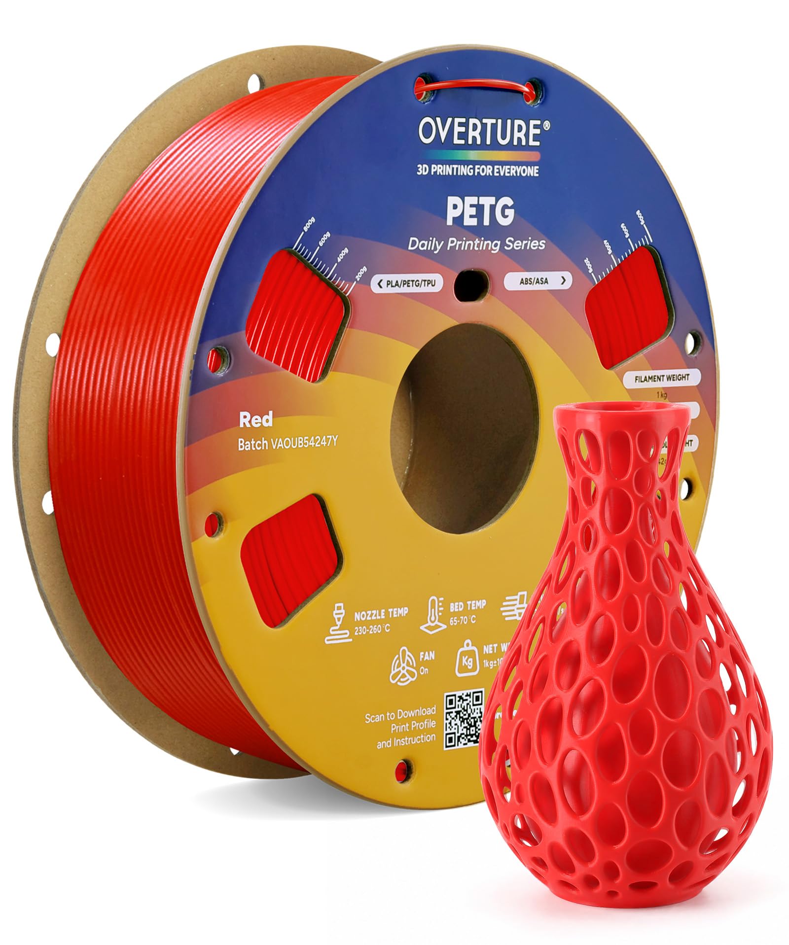 OVERTURE Rapido PETG Filamento 1,75 mm Rosso 1kg Alta Tenacità | Stampa 3D Rapida • Alta Tenacità • Alta Resistenza • Precisione ±0,02 mm • Compatibile con Stampanti 3D FDM