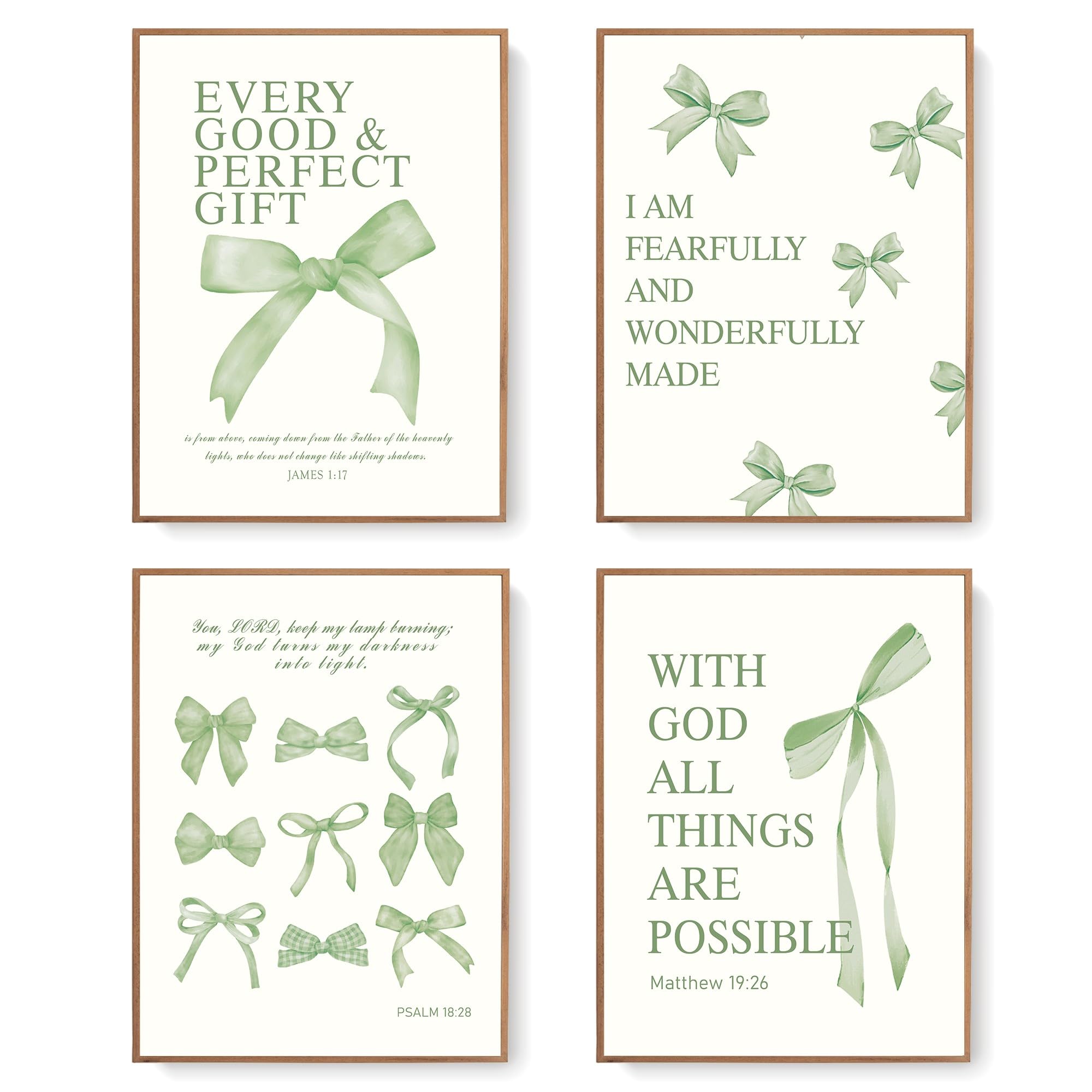 LARTSFROCoquette Sage Green Bow Wall Art Decor Posters, Sage Green Bow Room Bedroom Bathroom Wall Art Decor Aesthetic for Teen Girls Gifts, Inspirational Bible Verses Bow Wall Decor, 12x16 Inch Set of 4 Bow Pictures Unframed