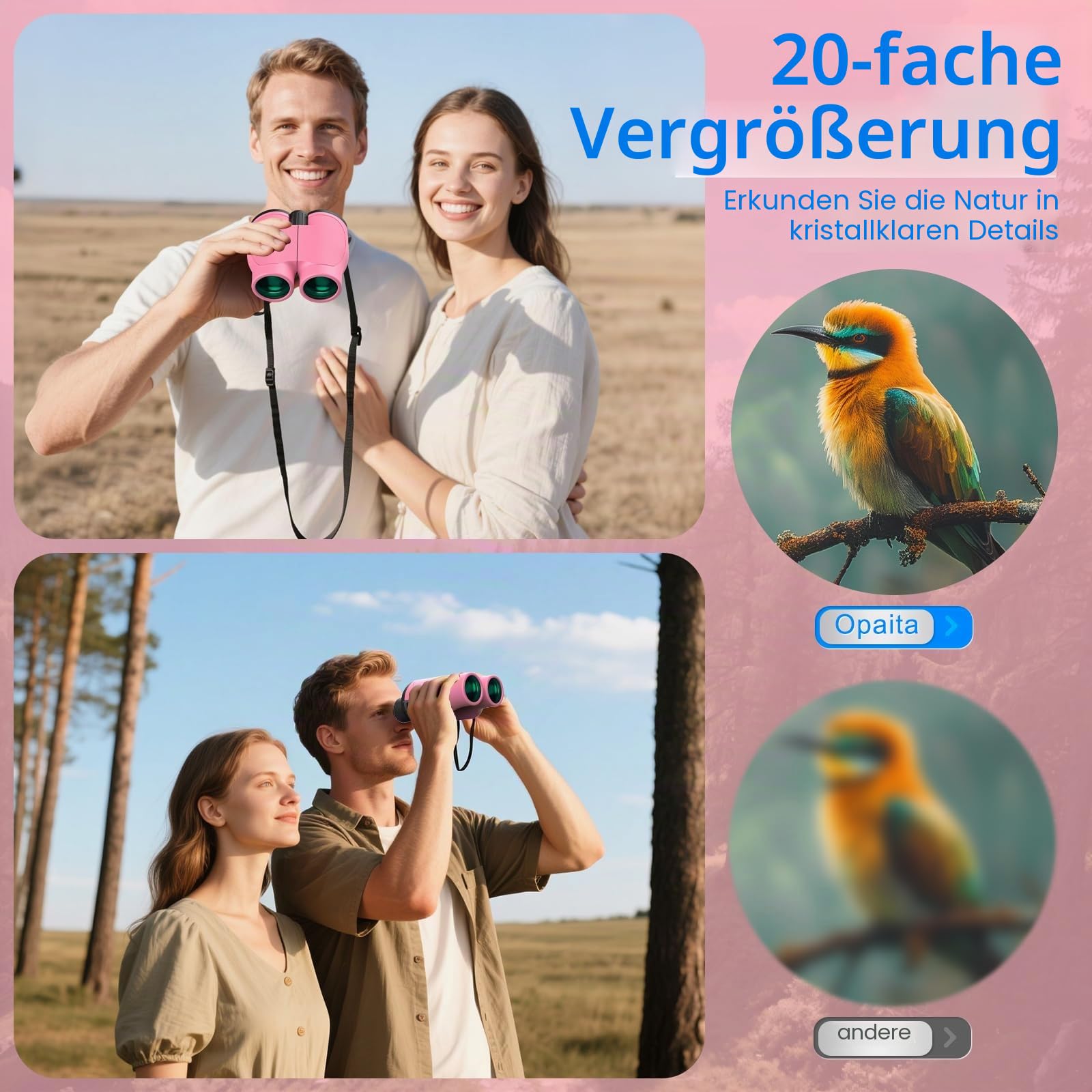 Kompaktes Fernglas für Erwachsene, Hochleistungsfernglas, 20x32 Mini-Fernglas für Erwachsene und Kinder mit Sicht bei schwachem Licht, für Jagd, Kreuzfahrten, Reisen, Konzerte, Wandern, rosa