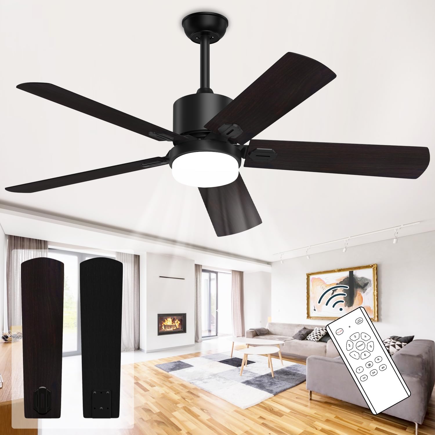 Ceiling Fan with Remote, 52 Inch Outdoor Ceiling Fans 6 Speed Control Reversible DC Motor 5 Blades Fan for Patio Bedroom Living Room - Black Black+Walnut With light