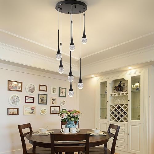 Miniatura 5 de Moderno candelabro de cristal de 7 luces, color negro, H60 pulgadas, techo alto, espiral, regulable, LED, burbuja, gota de lluvia, lámpara para