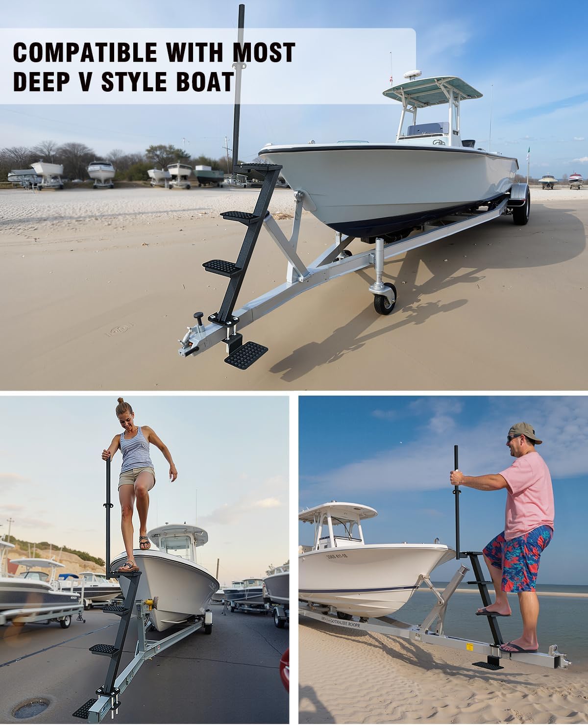 Heavy-Duty Boat Trailer Steps with Safety Grab Handle, Non-Slip Surface, Trailers Tongue Step Compatible with Most Deep V, Patent Pending, 4 Steps