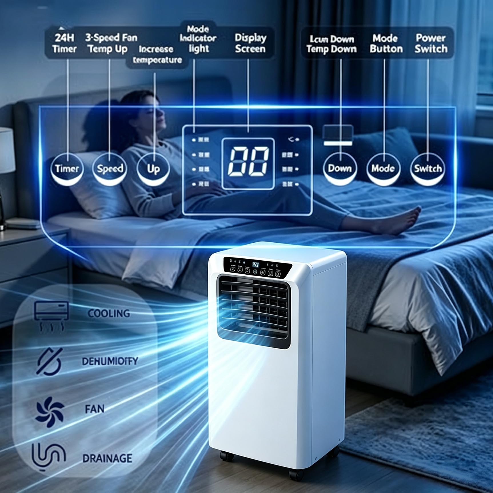 Klimatyzator przenośny bez jednostki zewnętrznej 12000 BTU, cichy nawiew, kółka, wydajne chłodzenie do biura i mieszkania 18000 BTU, 12000btu