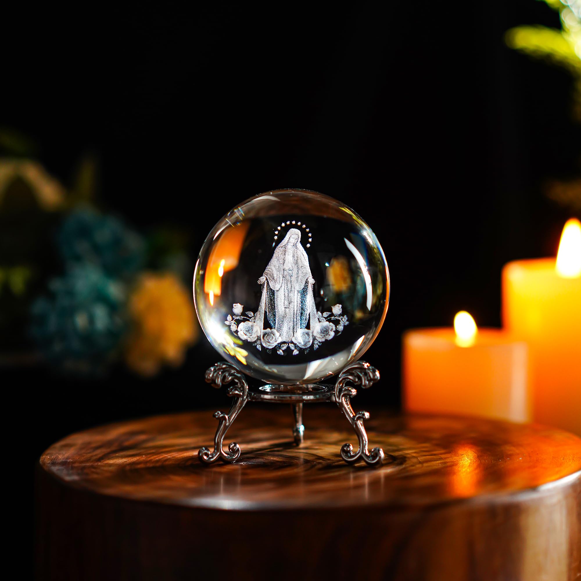 ZEERSHEE 3D The Blessed Virgin Mary Crystal Ball Laser Etched Our Lady of Guadalupe Glass Sphere Statue Mother Mary Christian Catholic Religious Easter Gifts