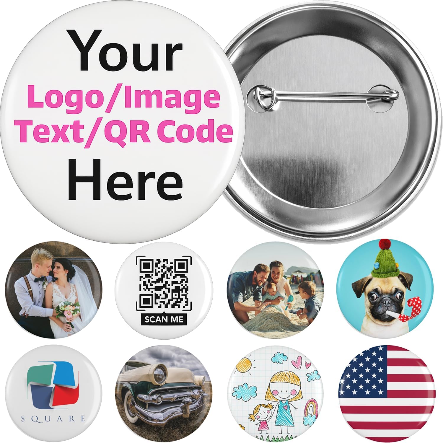 Custom Pinback Buttons 2.25” – Design Your Own Personalized Button Pins with Photo, Logo, Name or Text – Metal Back Badges for Clothing, Events & Business Gifts
