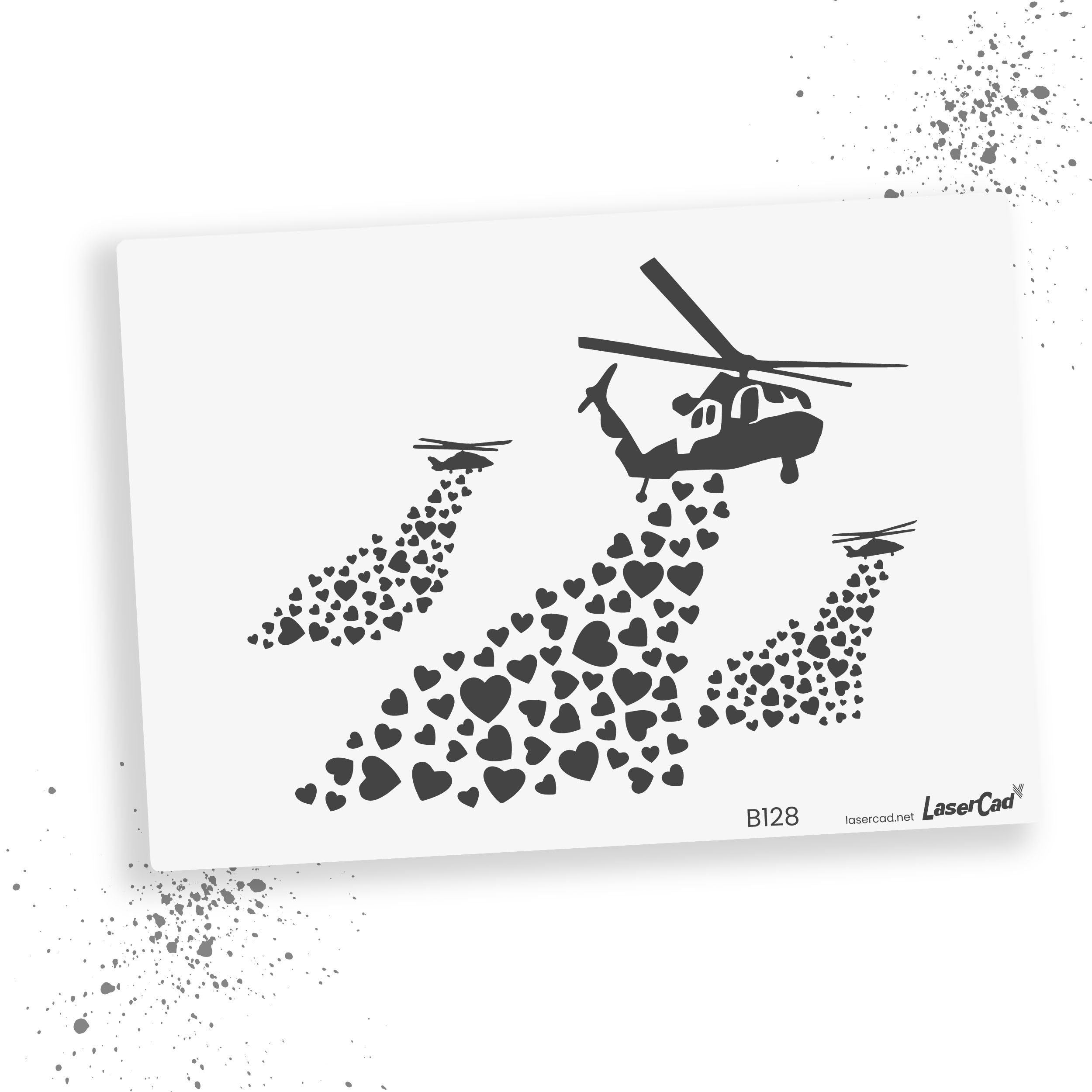 LaserCad BANKSY Streetart Stencils (B128, Helicopter Hearts, DIN A2) Stencil for Graffiti, Airbrush, Art, Decoration, for Painting