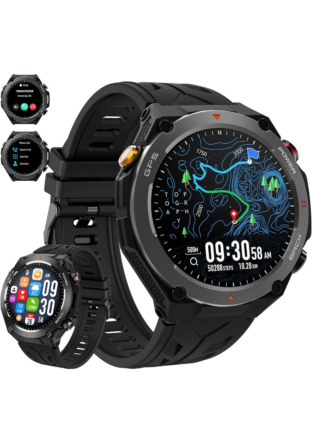 SENBONO GPS Smart Watch 1.45" with Fitness Tracker, Topographic Navigation, Heart Rate Monitor,Built-in in GPS, Black