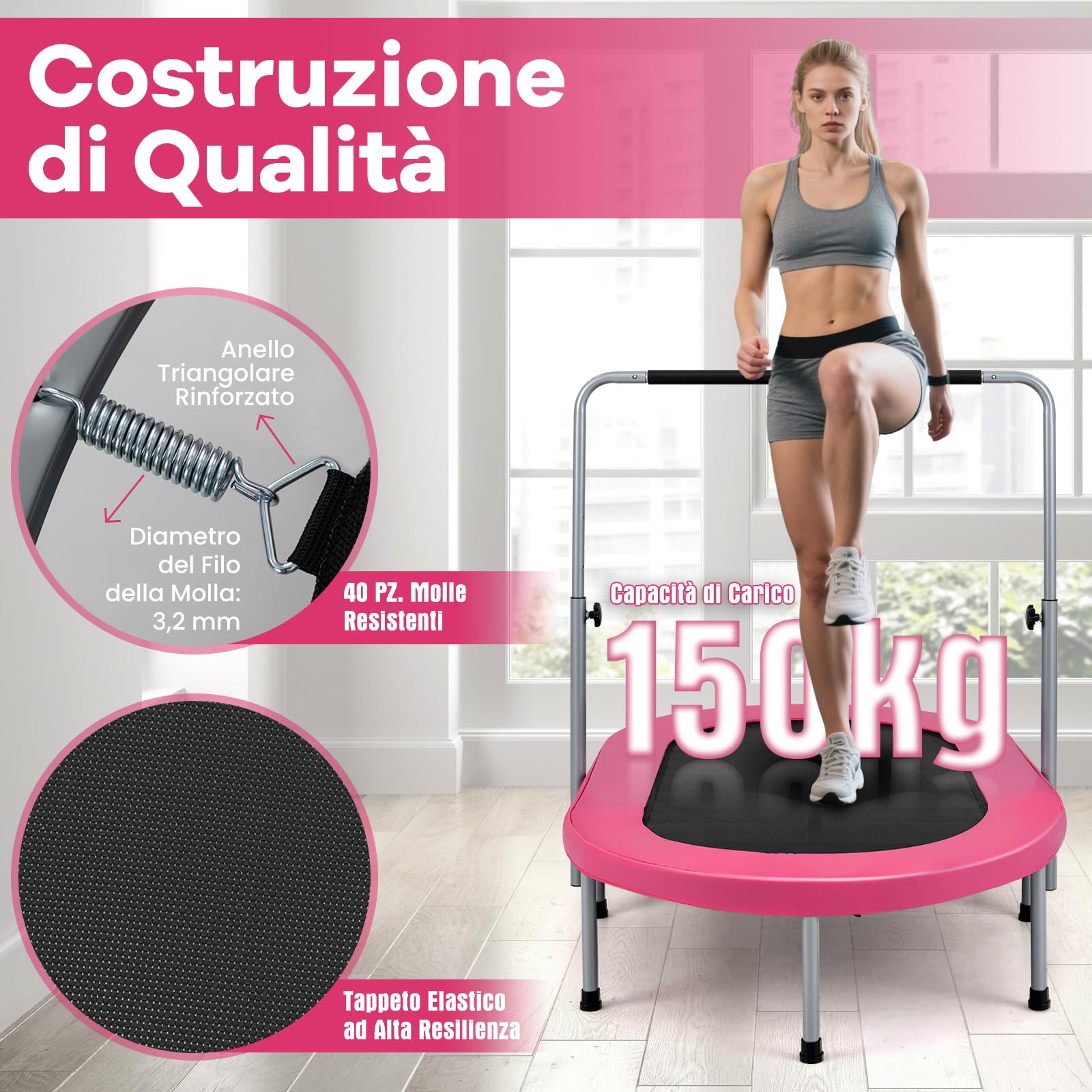 COSTWAY Trampolino Elastico da Interno ed Esterno, Tappetino Elastico Pieghevole per Adulti e Bambini con Maniglia Regolabile, Molle e Cuscinetto di Sicurezza, Trampolino Ovale per 2 Persone