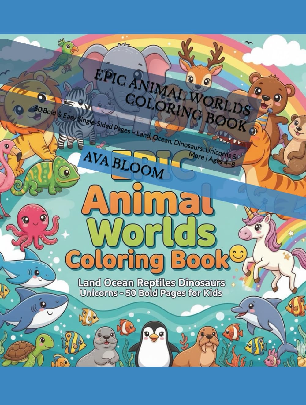 EPIC ANIMAL WORLDS COLORING BOOK: 50 Bold & Easy Single-Sided Pages – Land, Ocean, Dinosaurs, Unicorns & More | Ages 4–8