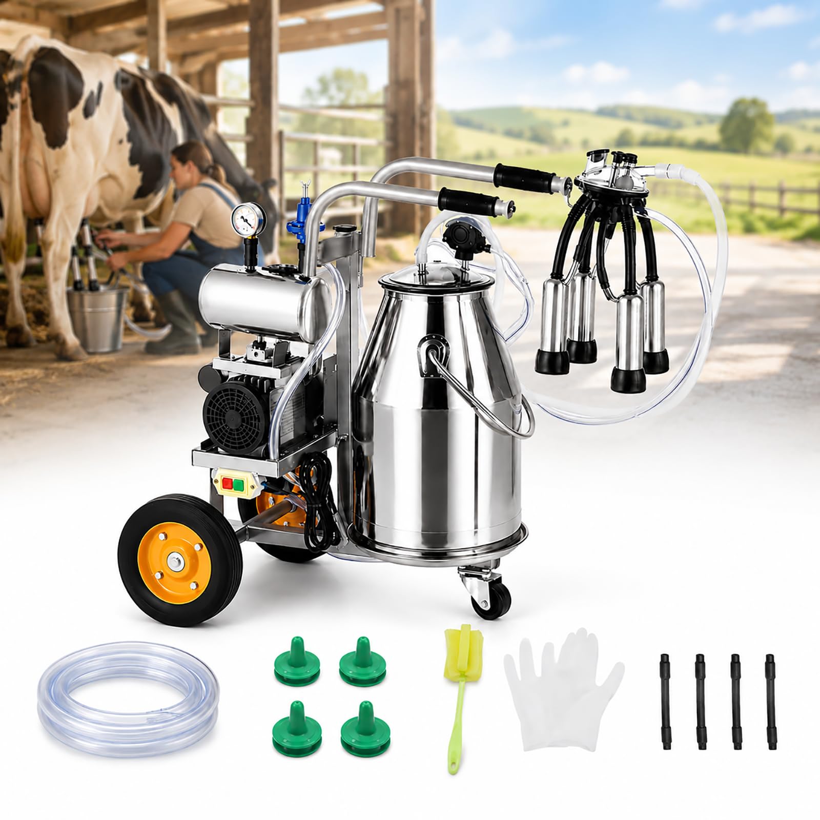 HCAUYNN Electric Goat Milking Machine, Portable Cow Milker with 25L Stainless Steel Bucket and Vacuum Pump for Farm Use