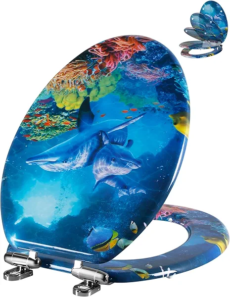 Angol Shiold Soft Close Wood Toilet Seat ELONGATED, Quiet and Slow Close Lid and Seat, Quick Release Easy Installation & Clean Hinges(18.5-inch, Blue Ocean Dolphins Family)