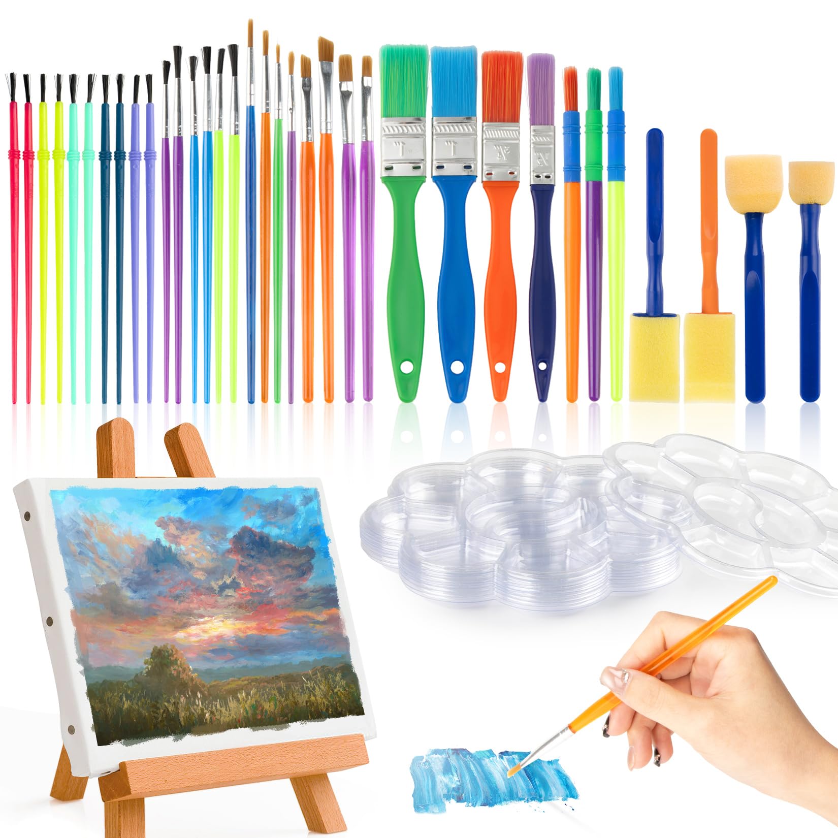 RAINFLOW 35 All Purpose Paint Brushes Set with 10 Palettes- Includes 8 Different Types of Brushes,Prefect Works with Watercolors, Acrylic,Oil, Washable Paints Brushes,Multicolored