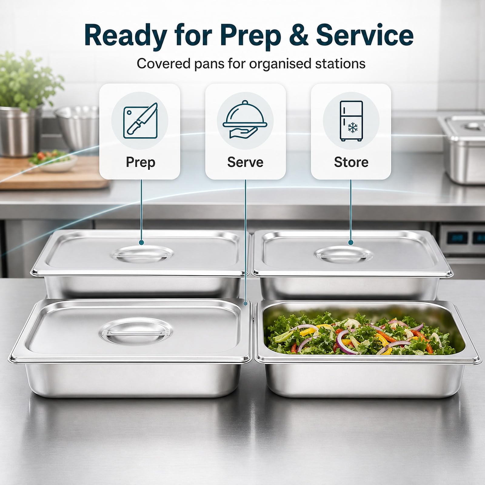 WOPPLXY 4 contenitori per gastro, 32,5 x 17,5 x 6,5 cm, in acciaio inox con coperchio, contenitore GN 1/3 per carne e pesce