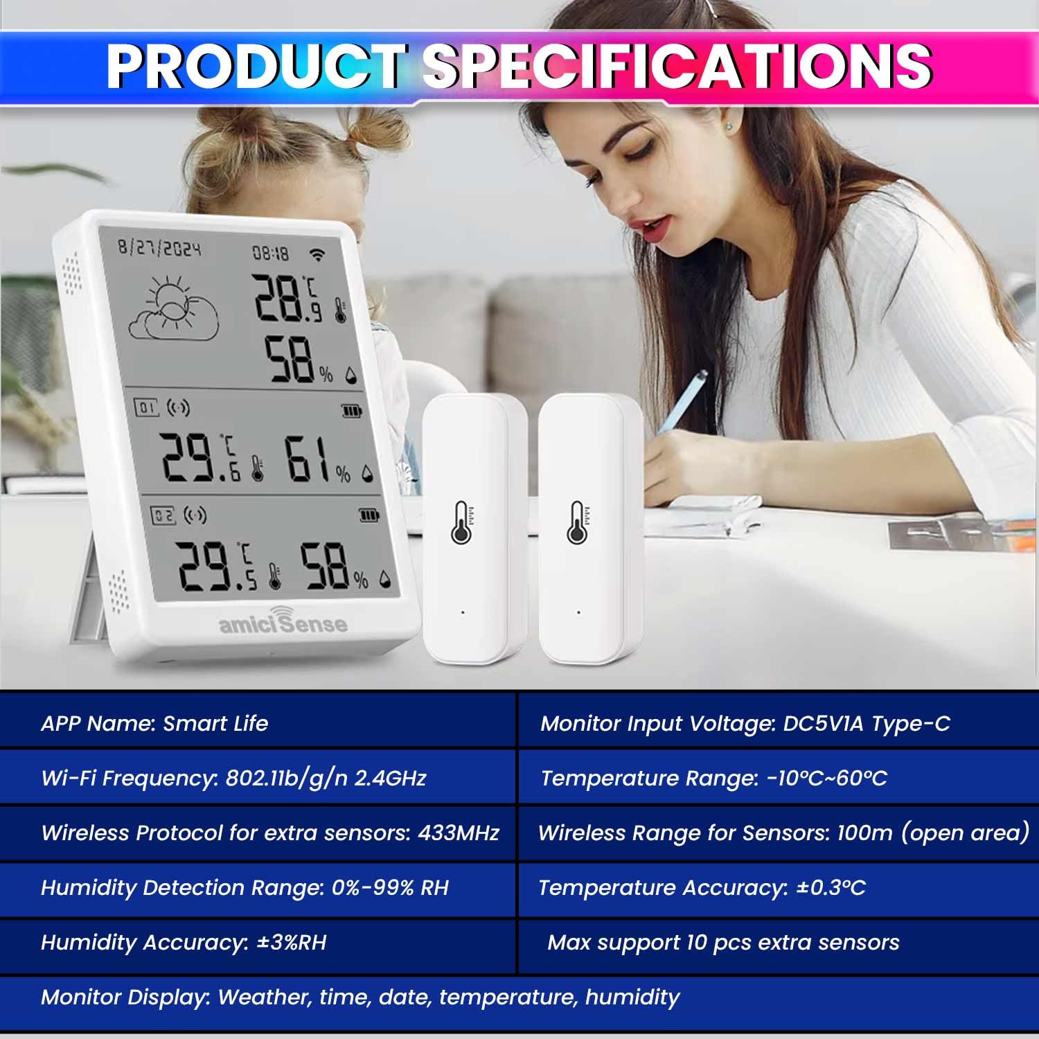 amiciSense Digital Weather Station, Indoor/Outdoor Temperature and Humidity Monitoring Device with Date & Time Display | Dual External Sensors and Data Export Feature, Compatible with SmartLife App - Image 3 thumbnail