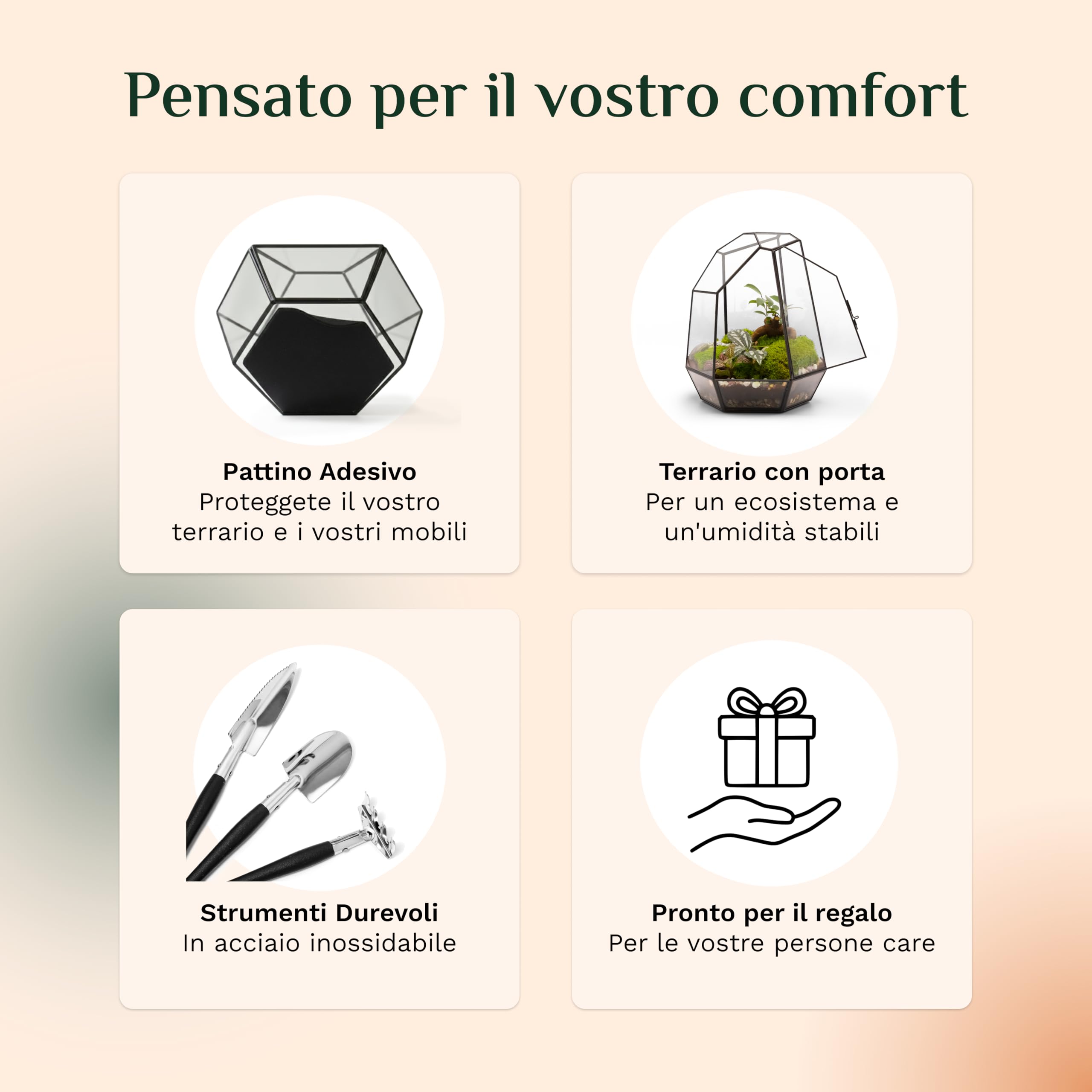 NOCTIS - Kit Terrario Completo FAI da TE in Vetro per Piante con Substrato e 10 Strumenti Inclusi - Struttura dal Design Geometrico - Ecosistema Autonomo, Cofanetto Creativo (senza Piante)