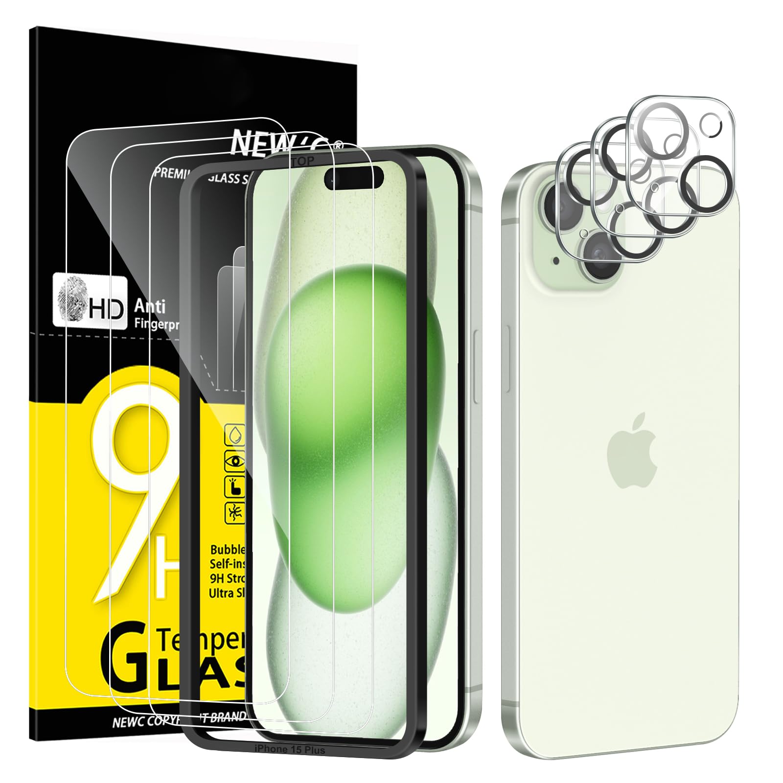 NEW'C for iPhone 15 Plus Screen Protector + Camera Lens Protector