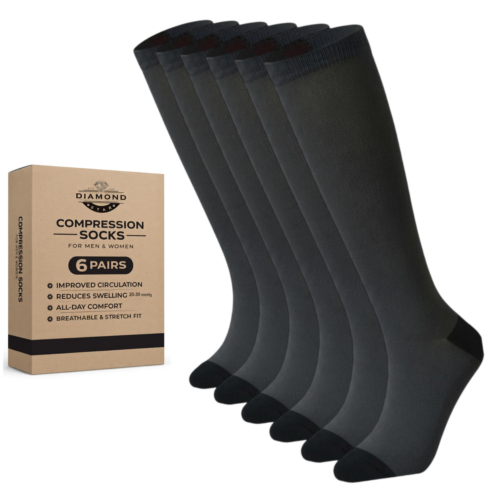 Diamond Star 6 Pairs Compression Socks for Men &amp; Women, Knee High Socks