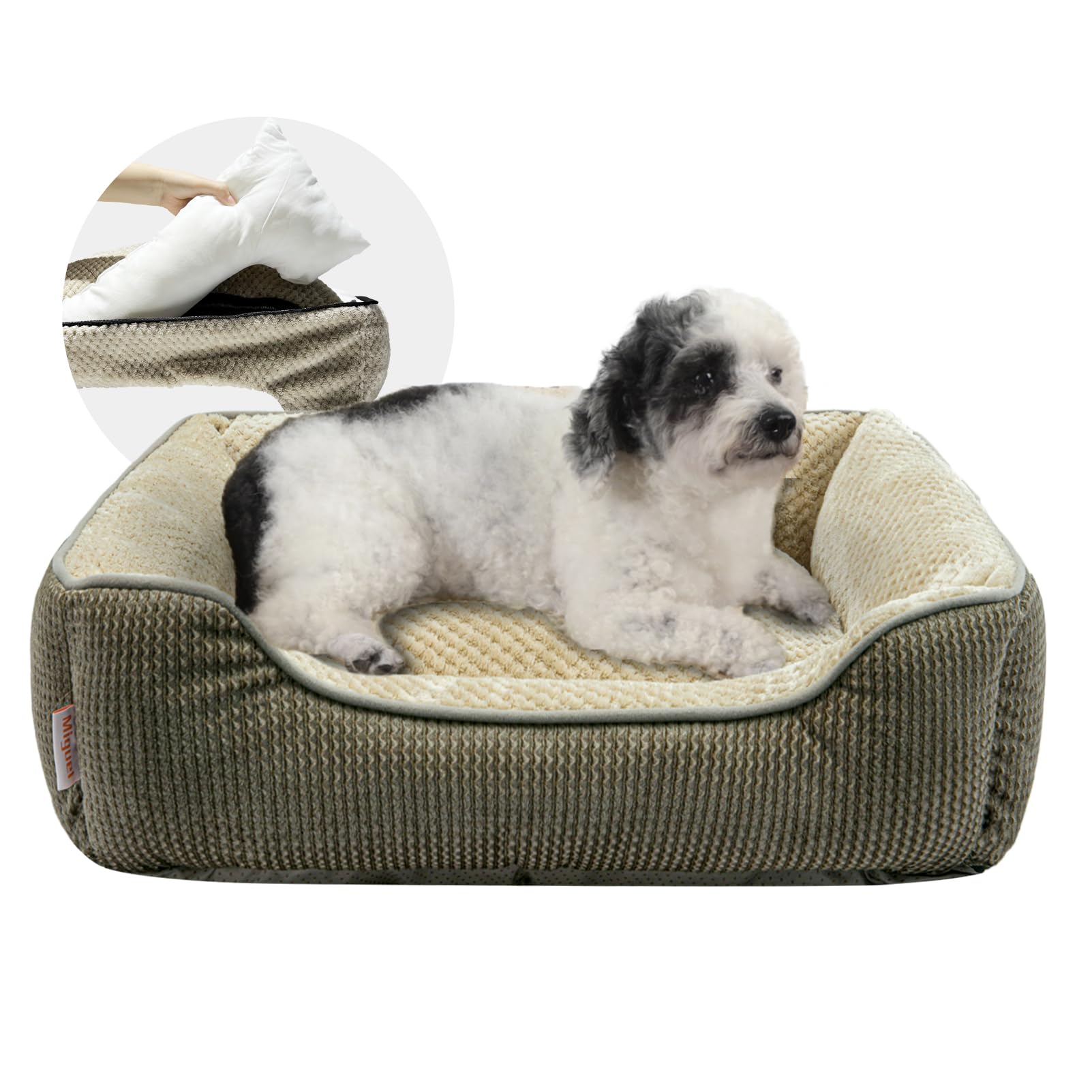Miguel Medium Small Dog Bed with Washable Removable Cover - Rectangle Pet Bed for Indoor Cats with Bolster Soft Cuddle Bed for Puppies with Supportive Side Wall Slip-Resistant Bottom, Khaki 25 Inches