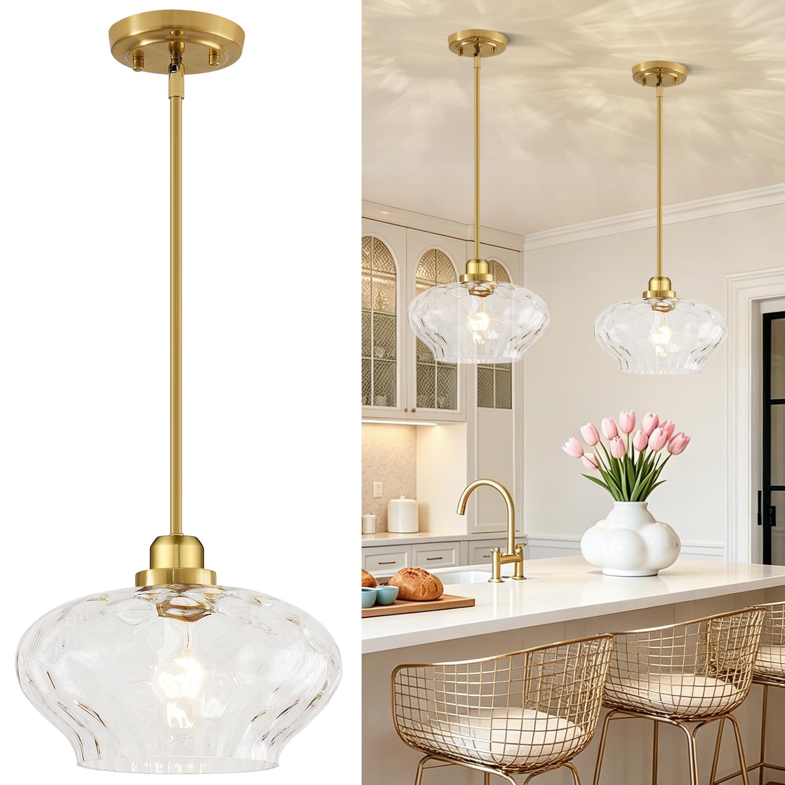 Photo 1 of Modern Pendant Lights Kitchen Island, Brushed Gold Pendant Light Fixtures with 11" Clear Hammered Glass Shade, Industrial Hanging Pendant Lights Fixture for Kitchen Island Dining Room Hallway Entryway