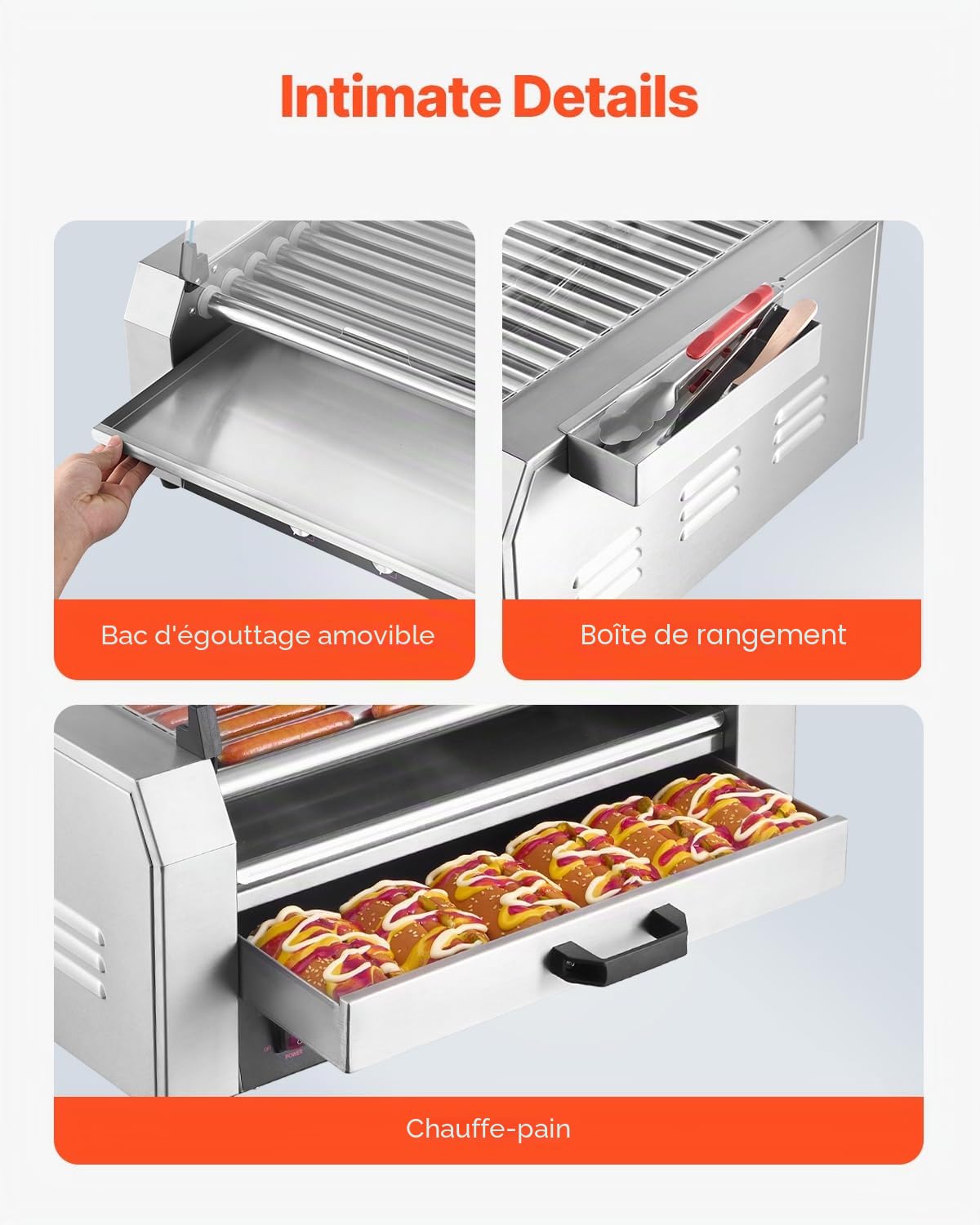 VEVOR Rouleau à hot-dogs, 11 rouleaux, 30 hot-dogs, machine à griller les saucisses en acier inox, avec chauffe-petits pains, couvercle, boîte de rangement latérale, bac à huile, pour maison, commerce