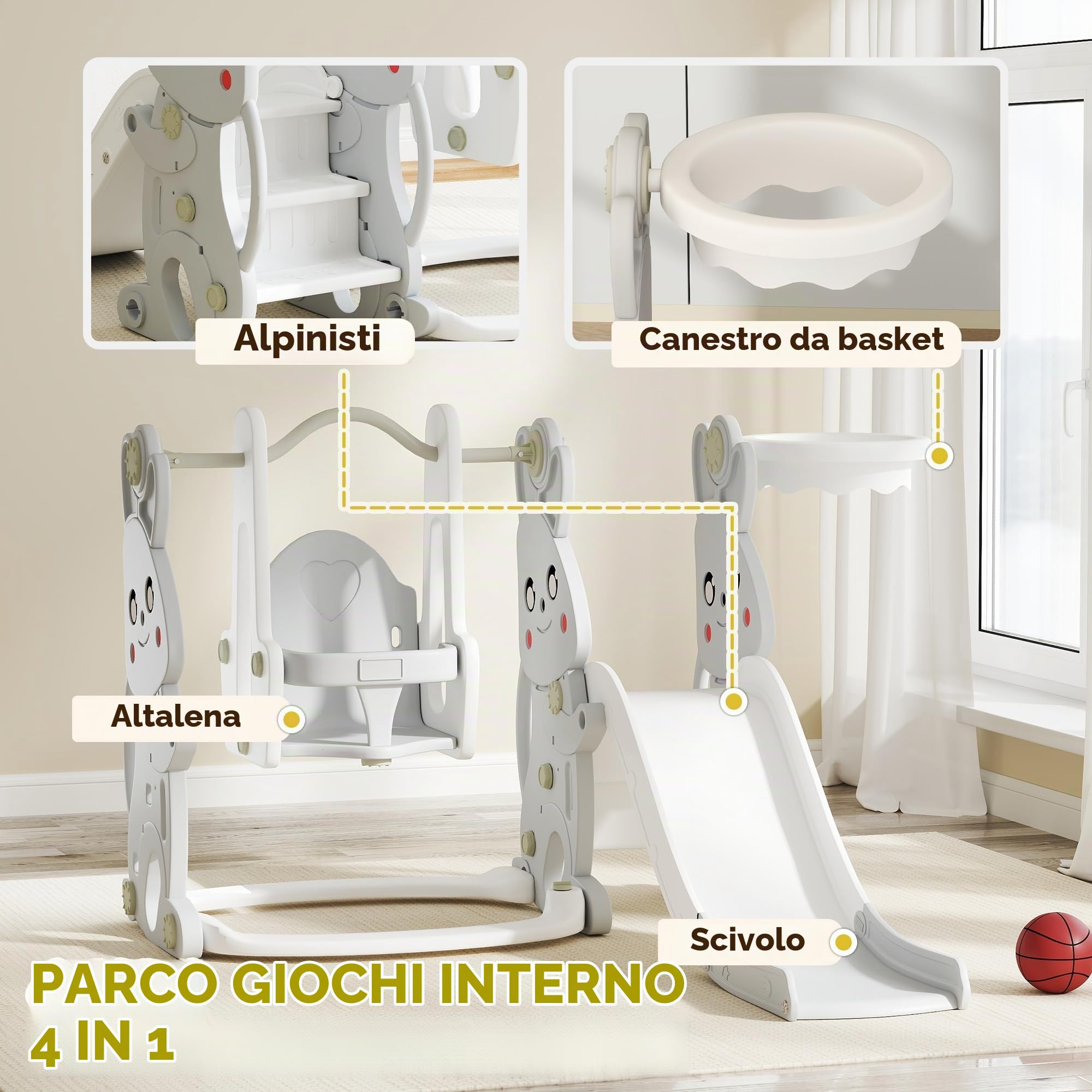 Qaba 4 in 1 scivolo e altalena per bambini, set da gioco età 1.5-4 Grigio
