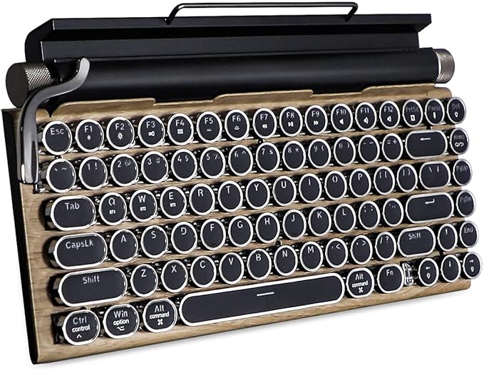Typewriter Keyboard,Round Keycaps/Backlit/Compact 75% Layout Keyboard for Windows/Mac/PC/Laptop (Wood Grain with White Backlight)