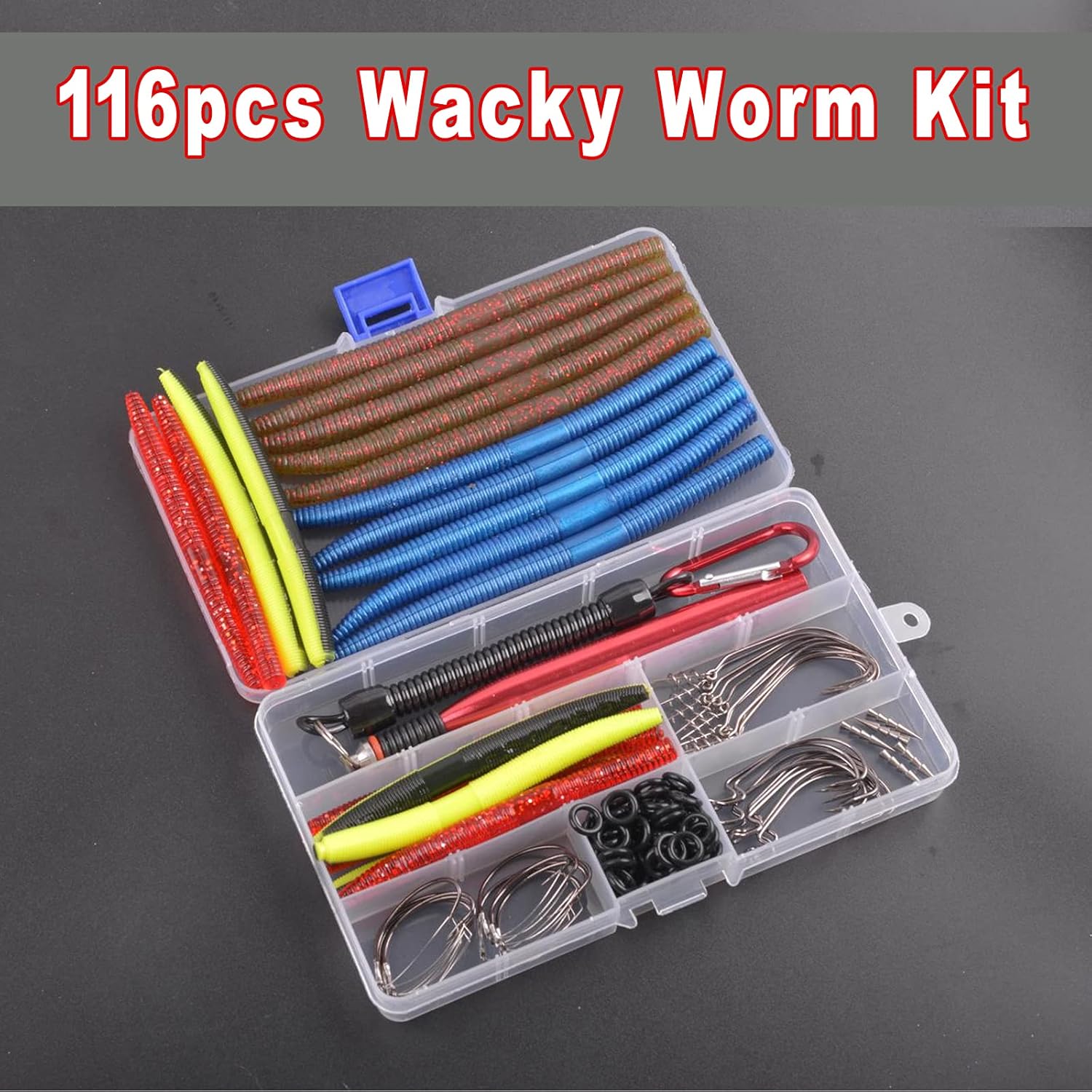 Wacky Worm Fishing Lures Kit, Soft Plastic Fishing Lures Wacky Rig Tool O-Rings Weedless Hooks Worms Baits Tackle Box for Bass Trout