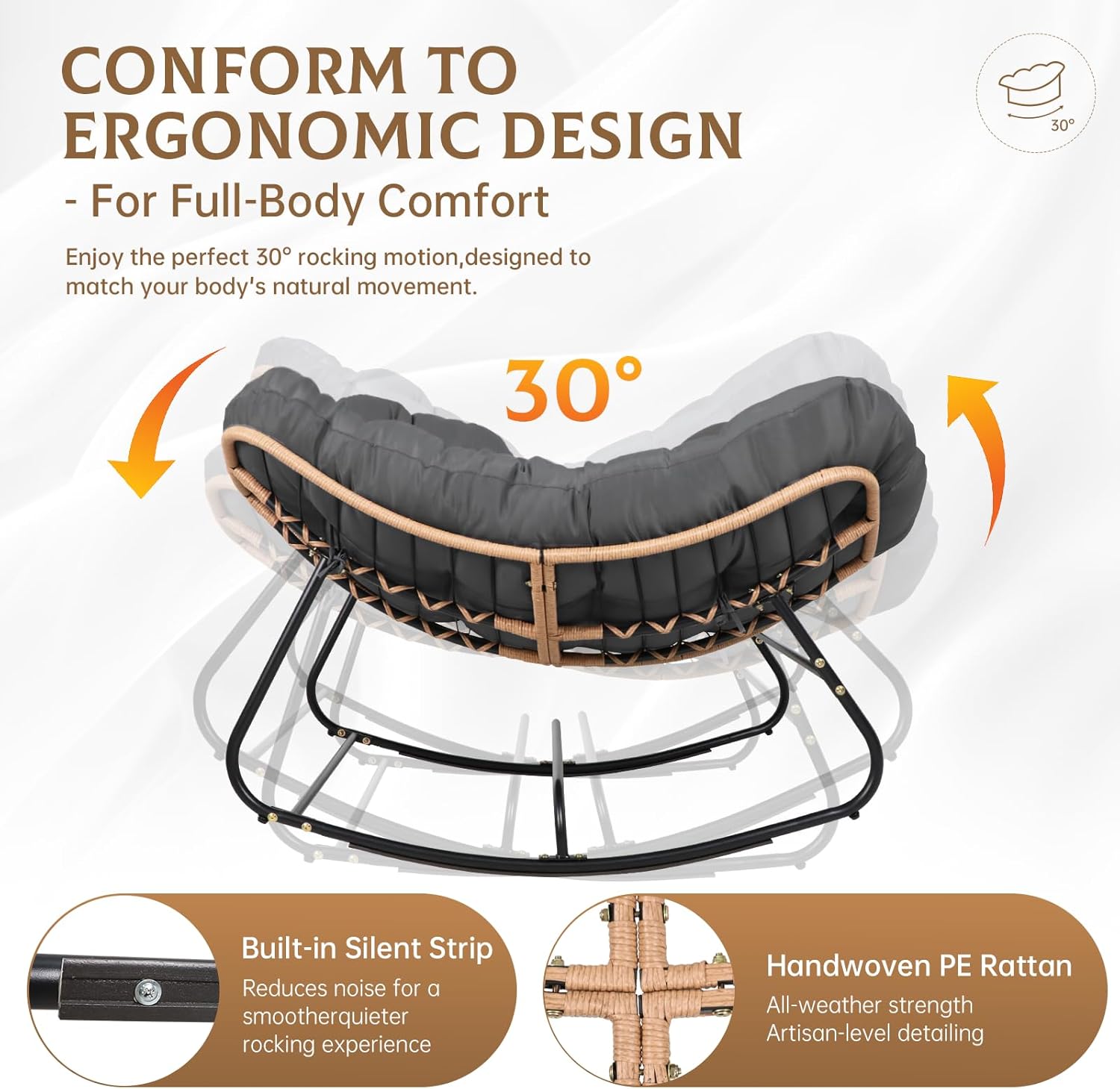 Crownland Outdoor Rocking Papasan Chair with Cushion, Patio Oversized Egg Rocker, All-Weather Wicker Rattan Lounge Chair for Living Room, Bedroom, Balcony, Porch, Garden - Dark Grey