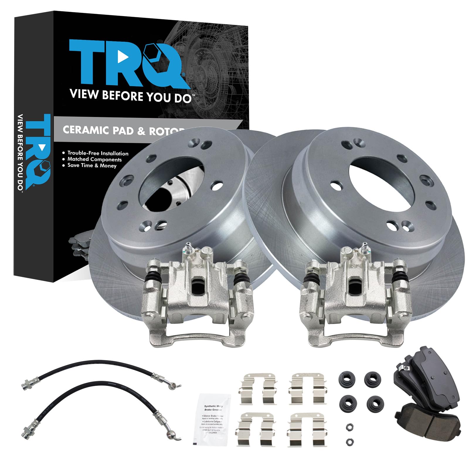 TRQ Rear Brake Pad and Rotor Set Ceramic Calipers Compatible with 2010-2015 Hyundai Tucson 2011-2016 Kia Sportage
