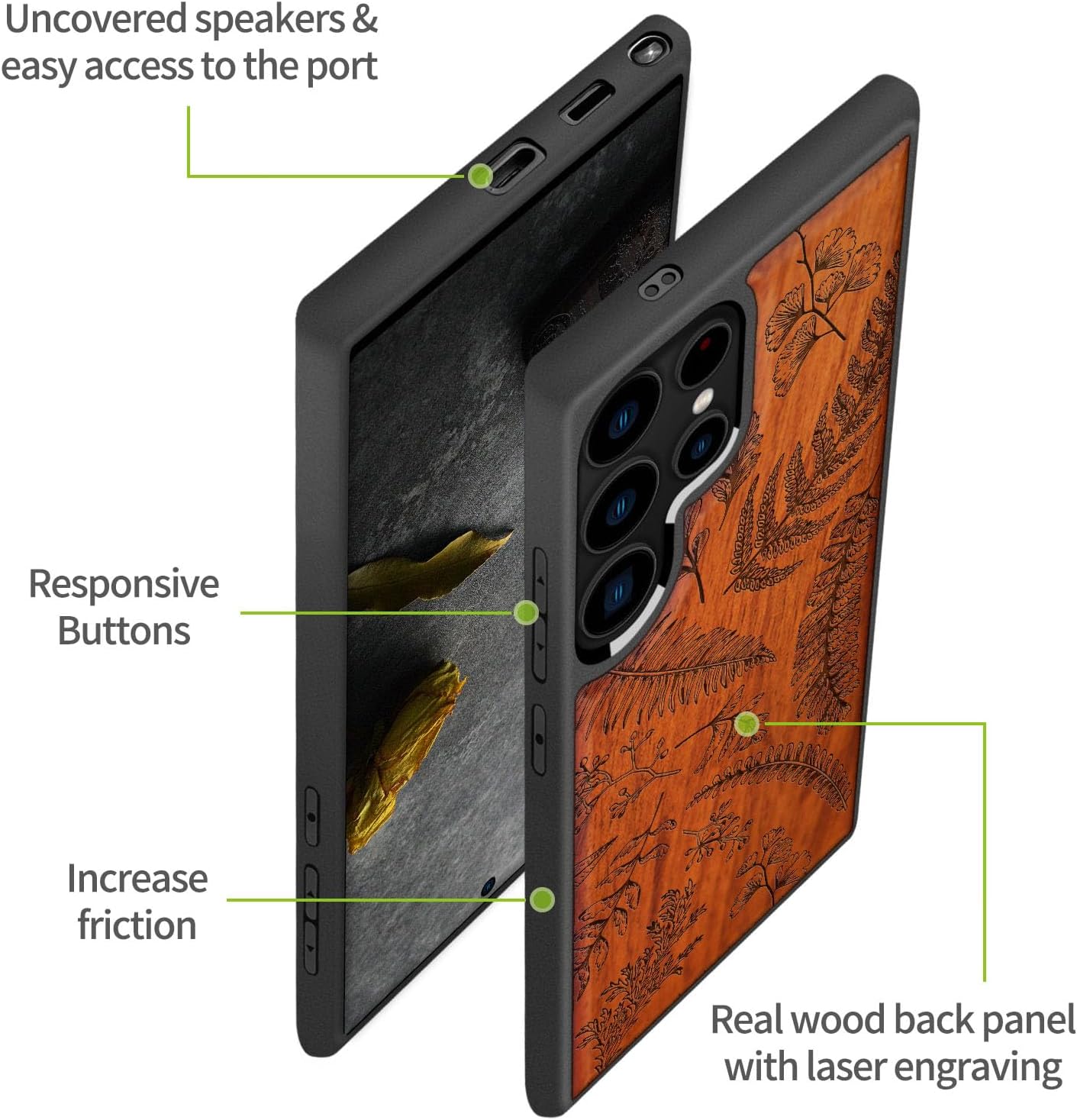 Carveit Magnetic Wooden Case for Samsung Galaxy S25 Ultra Case 2025, TPU Shockproof Cover & Wood Artisan Engraved, Compatible with MagSafe Wireless Chargers (Fern Leaves & Herbs) Rosy