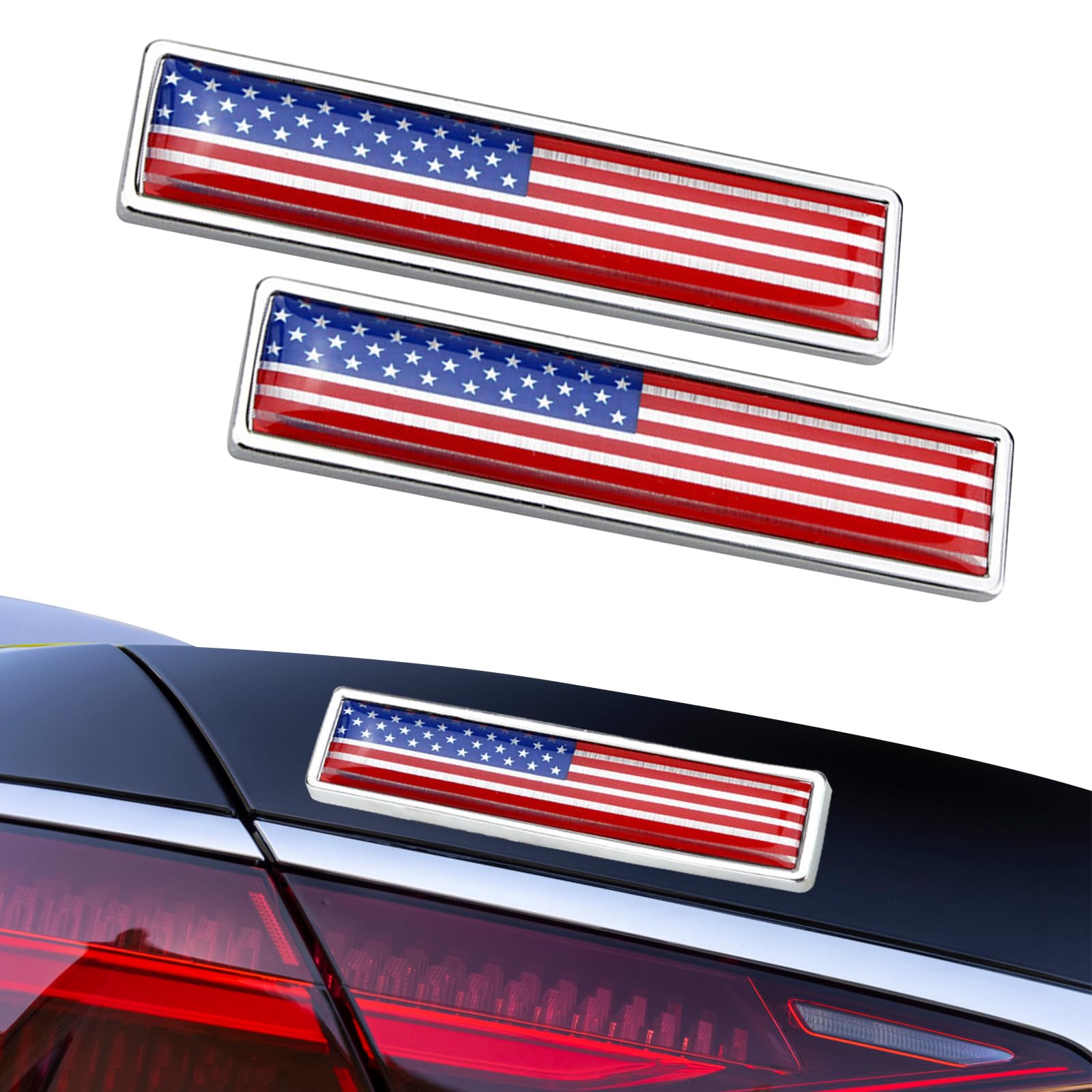 2 PCS America Flag Car Emblem Sticker, 3D Aluminum Alloy Metal Car Decal, Universal 2.2In x 0.5In Vehicle Stripes and Stars Badge Decal (Red #American Flag)