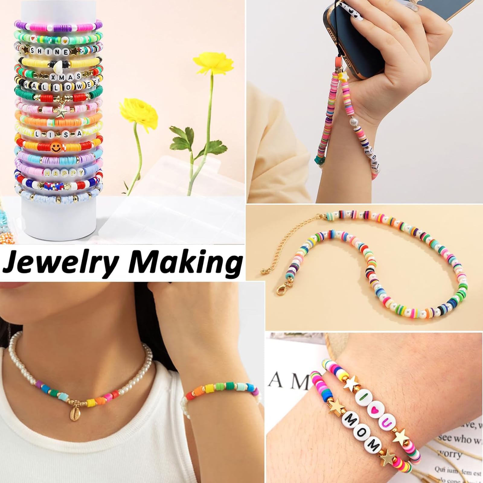 Qikuver Kit per la creazione di bracciali, 8230 perline in argilla, 60 colori, 3 scatole di perline per la creazione di gioielli, perline rotonde con lettere, cuori e motivi con ciondoli, braccialetti