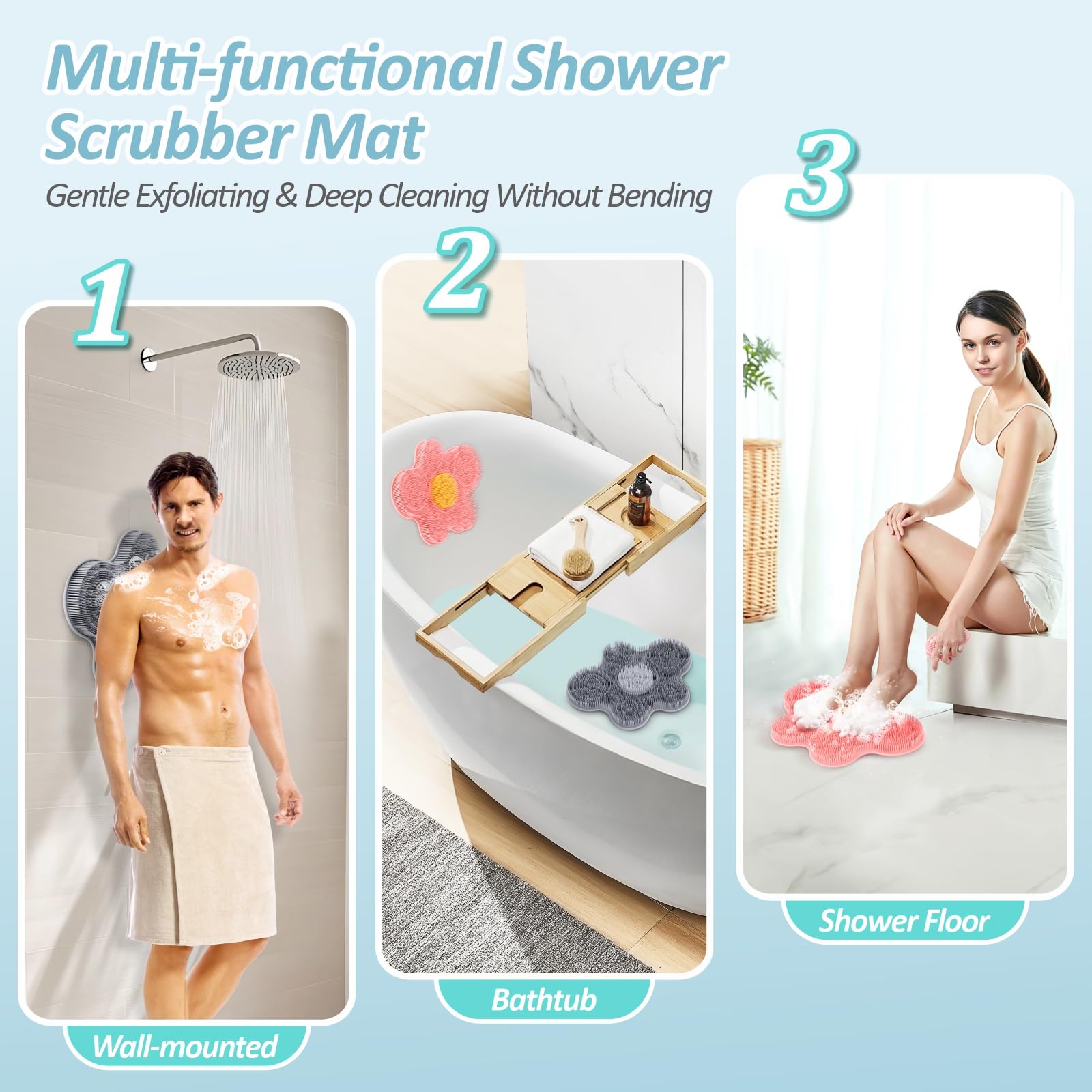Juego de alfombrilla de silicona para pies de ducha y limpiador corporal de silicona, limpiador de espalda grande montado en la pared para limpiar, exfoliar y masajear sin doblarse (gris +