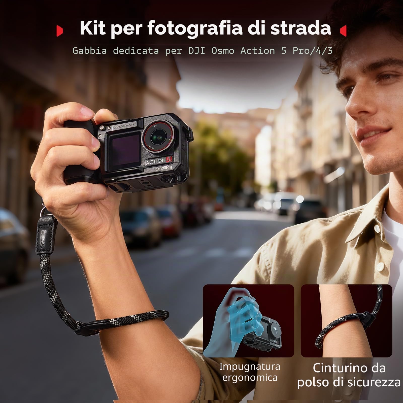 SmallRig Kit impugnatura per DJI Osmo Action 5 Pro / 4/3 con gabbia, impugnatura per fotografia di strada, sgancio rapido, pulsante di scatto, attacco a slitta, cinturino da polso - 5602