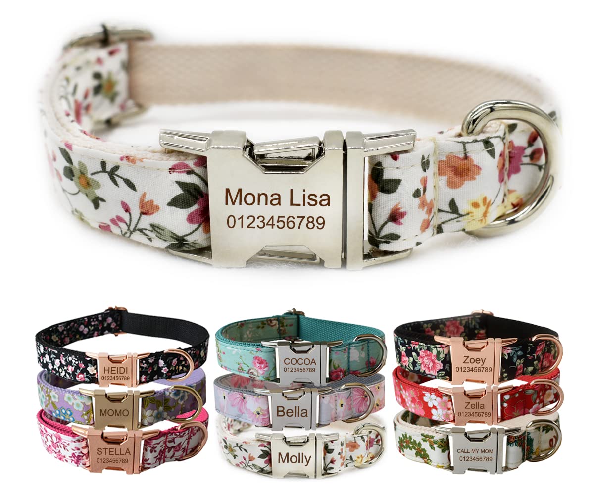 Personalised Dog Collar With Metal Buckle, Customized Pet Collars with Name Phone Number Address Engraved, Floral