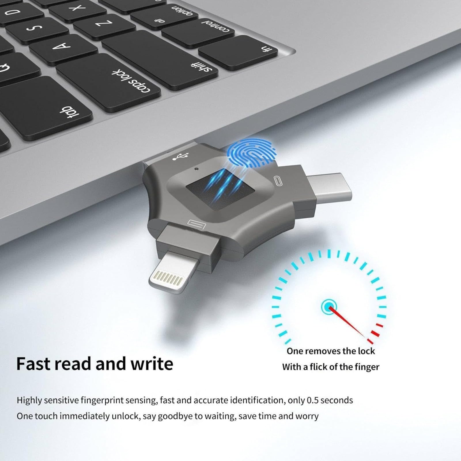 Chiavetta USB 3 in 1 con crittografo, chiavetta USB 3.0 multi-porta con Lightning, USB C e sicurezza delle impronte digitali per iPhone, Android e PC