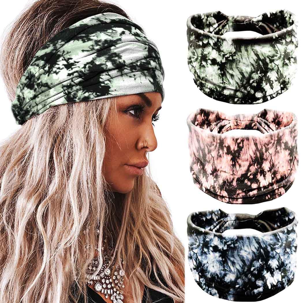 Aceorna Boho Headbands Wide Knotted Hairbands Stretch Printed Head Bands Bohemia Head Wraps for Women 3 Pcs (Set K)