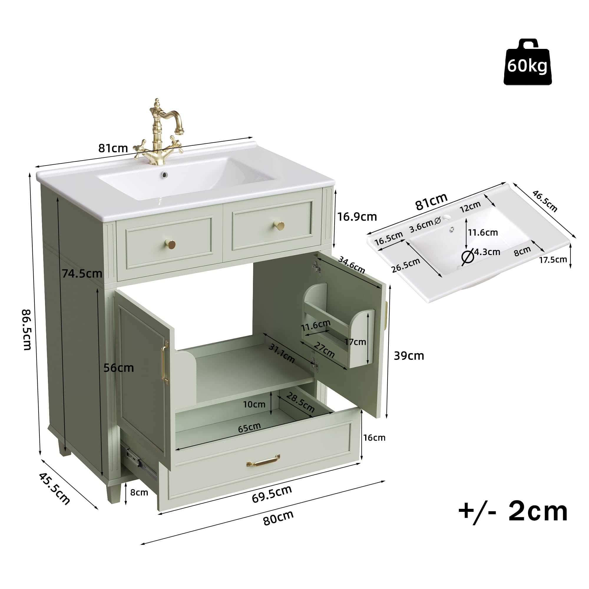 Meuble lavabo 81 cm avec Vasque en céramique, Petit Meuble sous-Vasque avec 3 Tiroirs et Rangement Caché, Poignées Dorées, Désign Simple Moderne, WC Invités, Salle de Bain, Vert-G