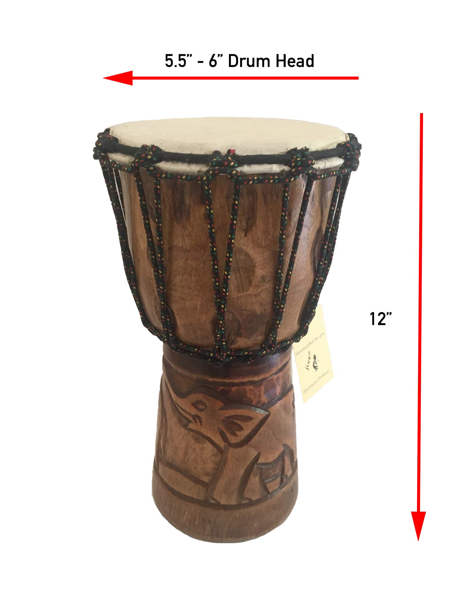 Djembe Drum Solid Wood Deep Carved Bongo Congo African Drum - 12" HIGH MED SIZE - Professional Quality - NOT MADE IN CHINA - JIVE BRAND (Elephant)