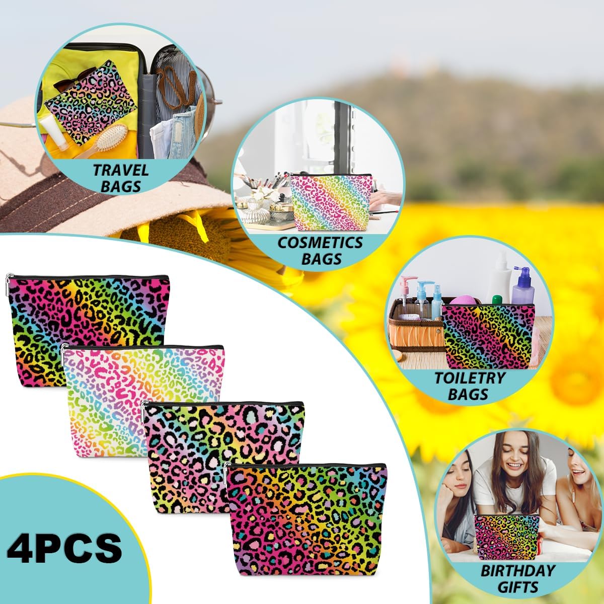4 Pack Rainbow Leopard Print Makeup Bag Cosmetic Bags,Leopard Decor Gifts for Women Cheetah Lovers Daughter Girl Friend Niece Bestie Nurse Mom Appreciation Birthday Christmas Waterproof Toiletry Bag - Image 7