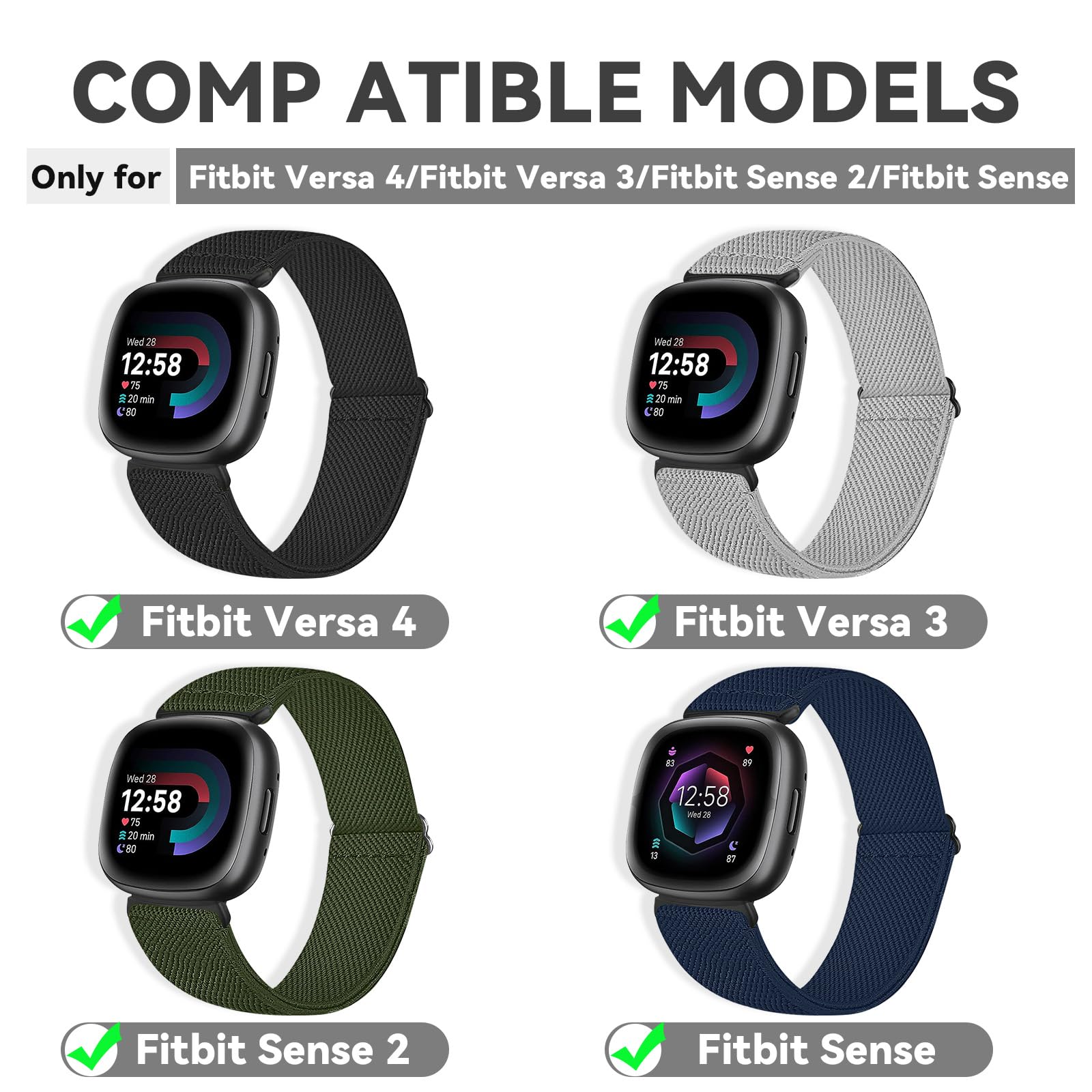 4 cinturin in nylon elasticizzato, compatibili con Fitbit Versa 4/t Versa 3/Fitbit Sense 2/ Sense, cinturini da allenamento morbidi e regolabili per uomo e donna