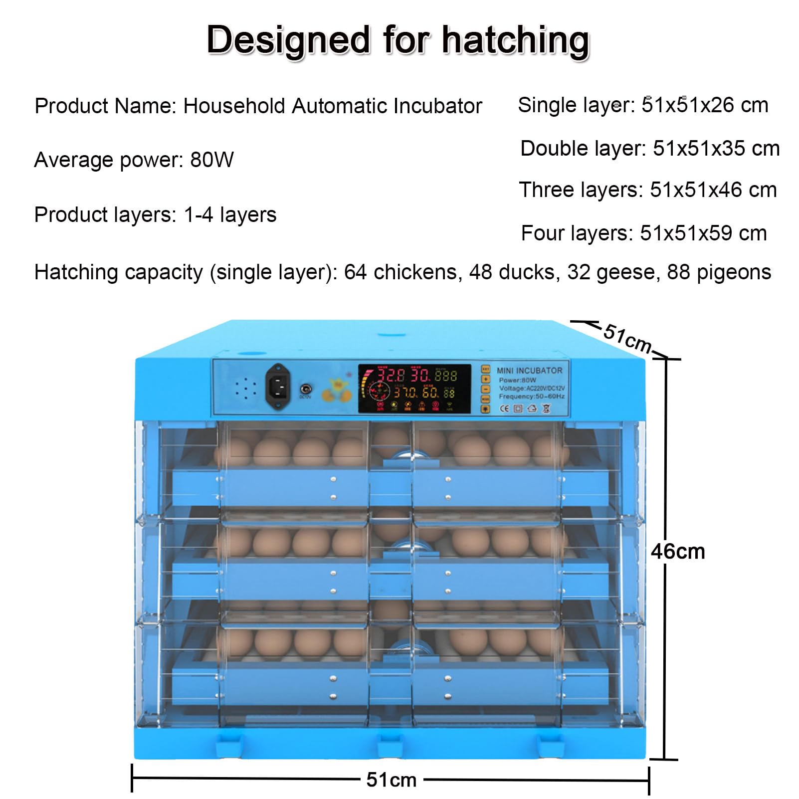 64-256 Huevos incubadores de Huevos de criadero de Huevos con Pantalla de Pantalla Digital LED Control automático de Temperatura, criadero de Pollo para Granjas Familiares en el Aula,192Eggs