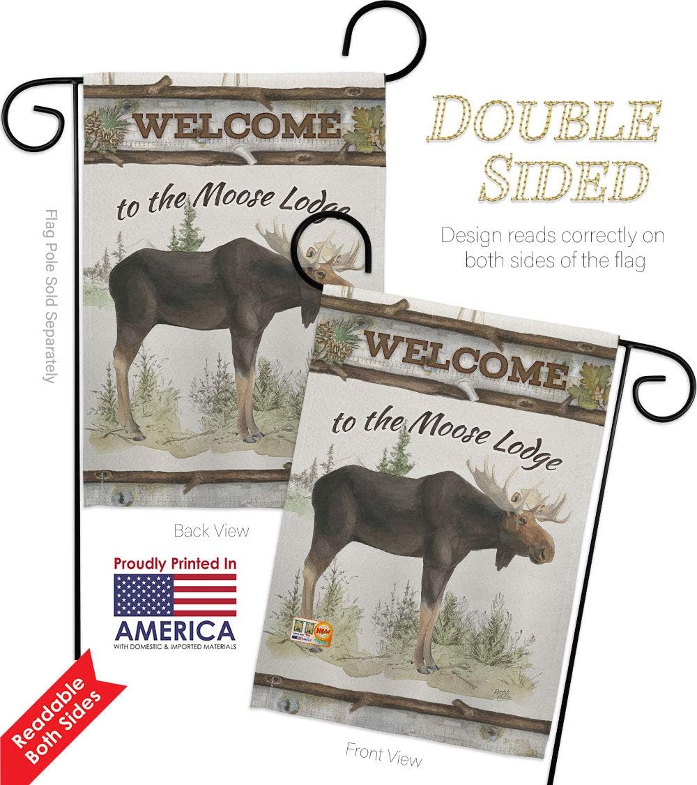 Breeze Decor The Moose Lodge Garden Flag Set Wall Holder Outdoor Rustic Lake Cabin Wildlife Adventure Forest Small Decorative Gift Yard House Banner Double-Sided Made in USA 13 X 18.5