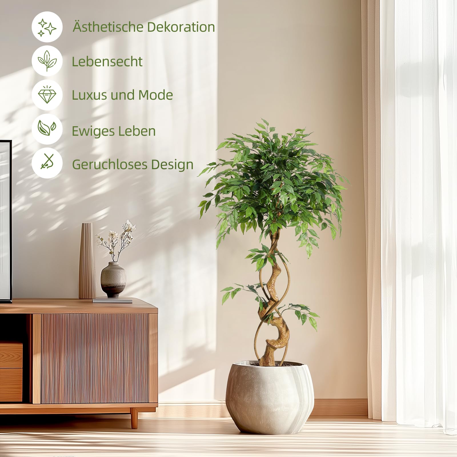 Kunstpflanze Groß Ficusbaum 120cm Mit Weiß Topf | Künstliche Pflanzen Groß Wie Echt, dichtes Laub, umweltfreundlich,für Wohnzimmer, Schlafzimmer, Büro, Garten