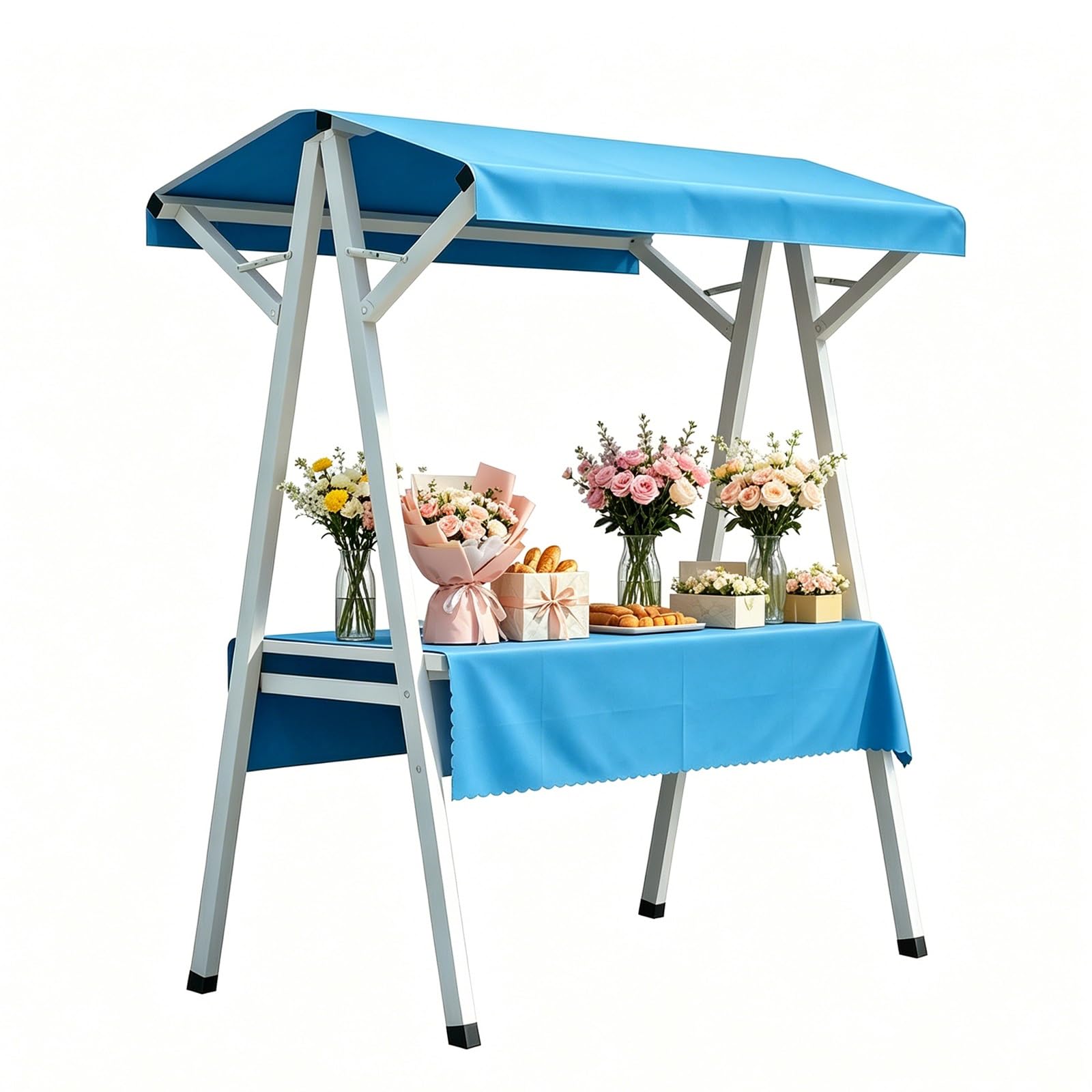 CHBMZ Foldable Metal Farmers Market Cart with Canopy - Portable Flower Cart, Pop-Up Retail Vendor Stand with Display Shelf for Craft Fairs, Boutique Shops & Art Shows(Blue,160cm/63in)