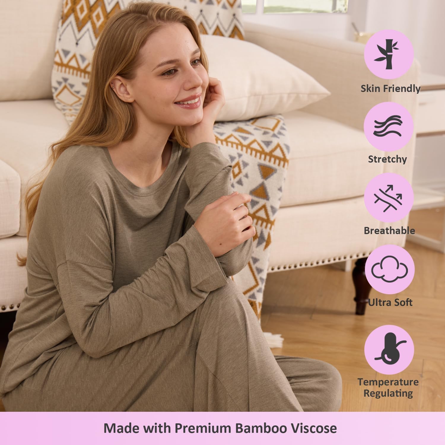 TOSMO Women Pajama Sets Viscose from Bamboo Long Sleeve Sleepwear Super-Soft Comfy Button Down Lounge Sleep Cooling Pjs - Image 4