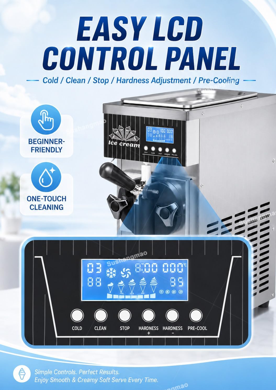 Máquina para hacer helado de encimera de 450 W, tolva de 2.5 litros, panel LCD, rendimiento de 4-5 kg/h, limpieza automática, máquina comercial de helados para salones
