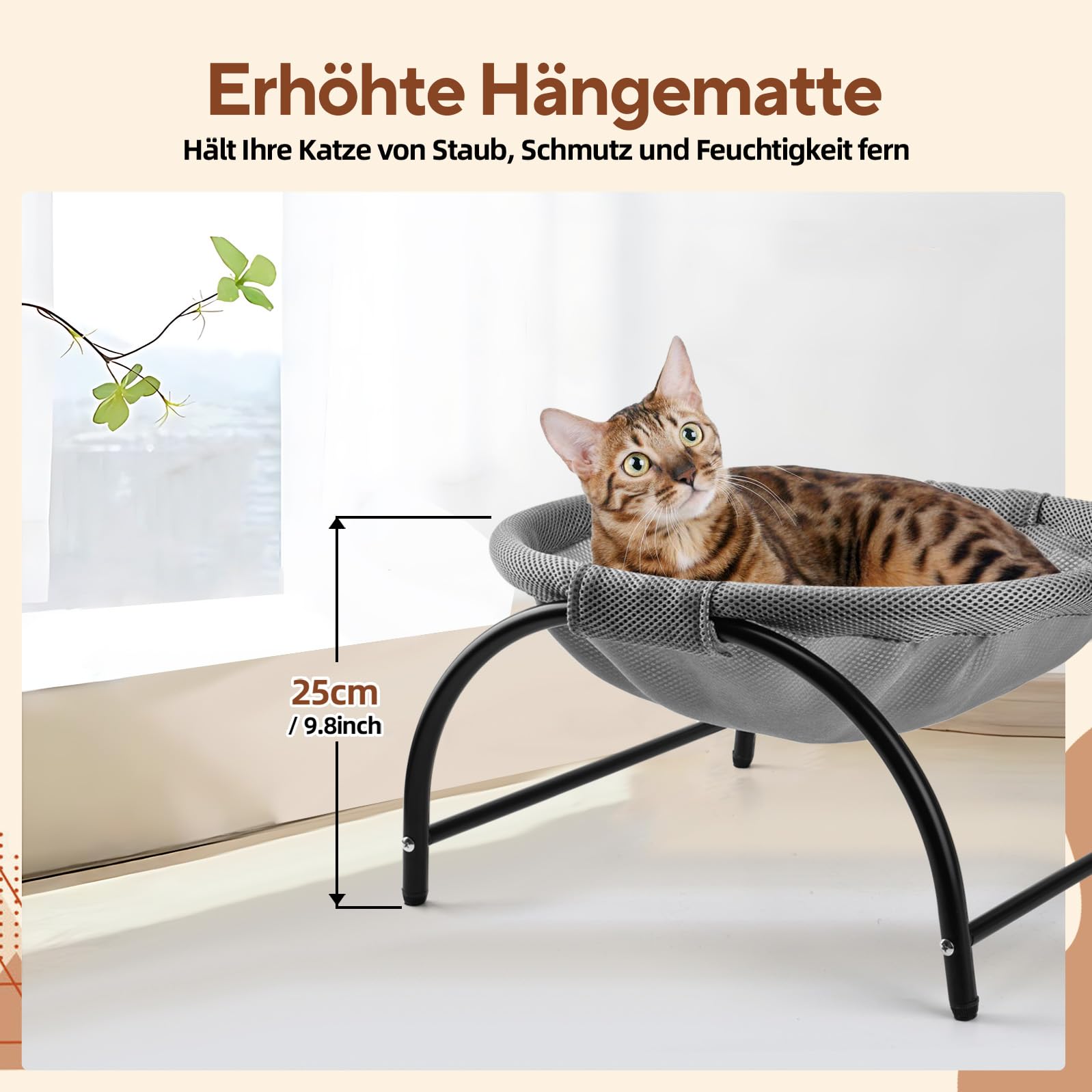 LIFLIX Katzenhängematte Outdoor, Erhöhter Katzenbett mit abnehmbarem, Waschbarem Netzstoff, Stehend Hängematte Katzen für Innen-/Außenbereich (Grau)