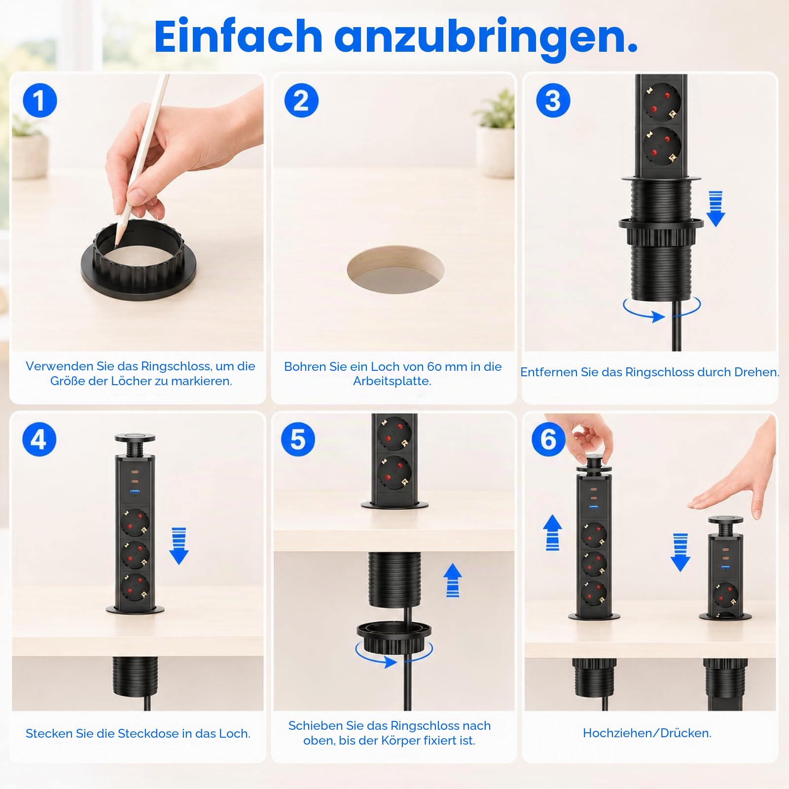 Versenkbare Steckdose 3-Fach USB-C PD 30W, Ø60 mm, Schwarz